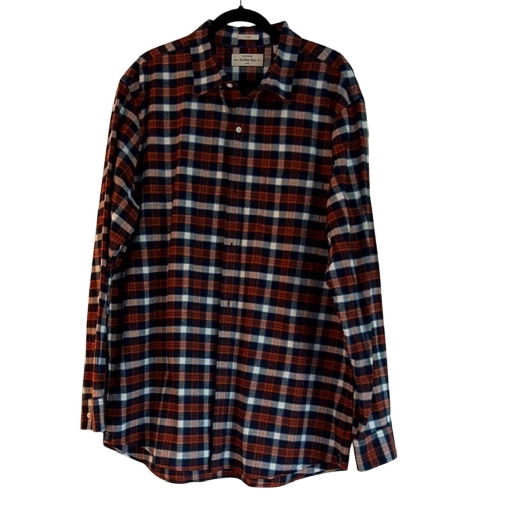 Hawker Rye Mens XXL Tall Slim Stretch Oxford Plaid Button Down Shirt Navy Orange